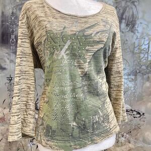 Y2K grungey green brown graphic tee with rhinestone detail XL